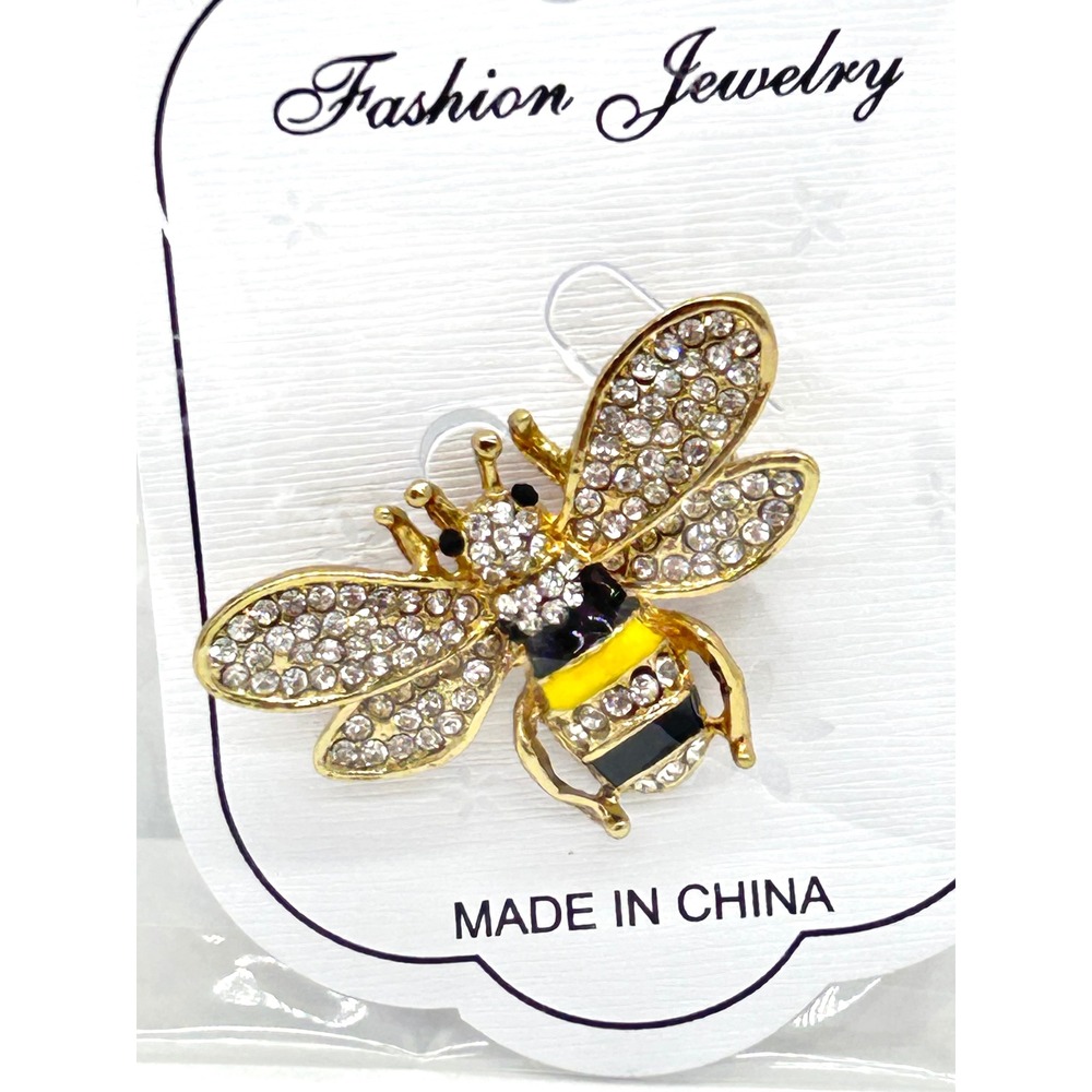 Gold Tone Rhinestone Bumble Bee Brooch Pin Yellow Black Enamel Honey Bee Jewelry